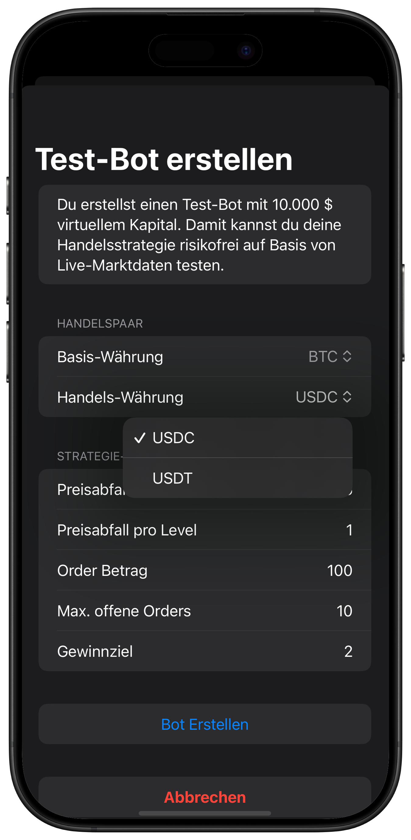 Screenshot: Quote Asset Dropdown-Liste