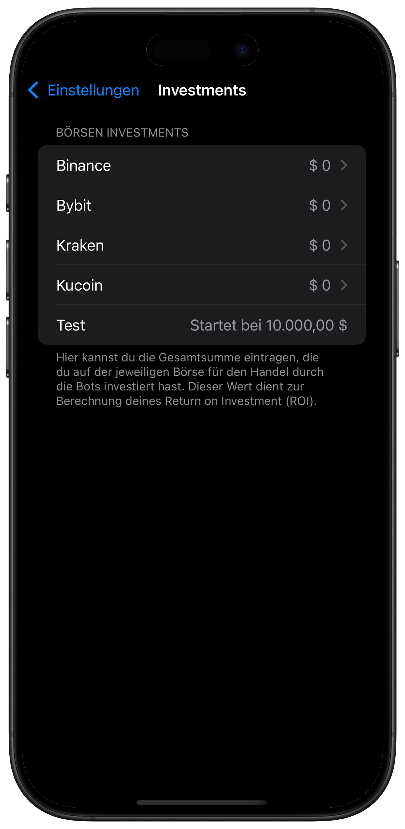 Screenshot: Investment-Liste
