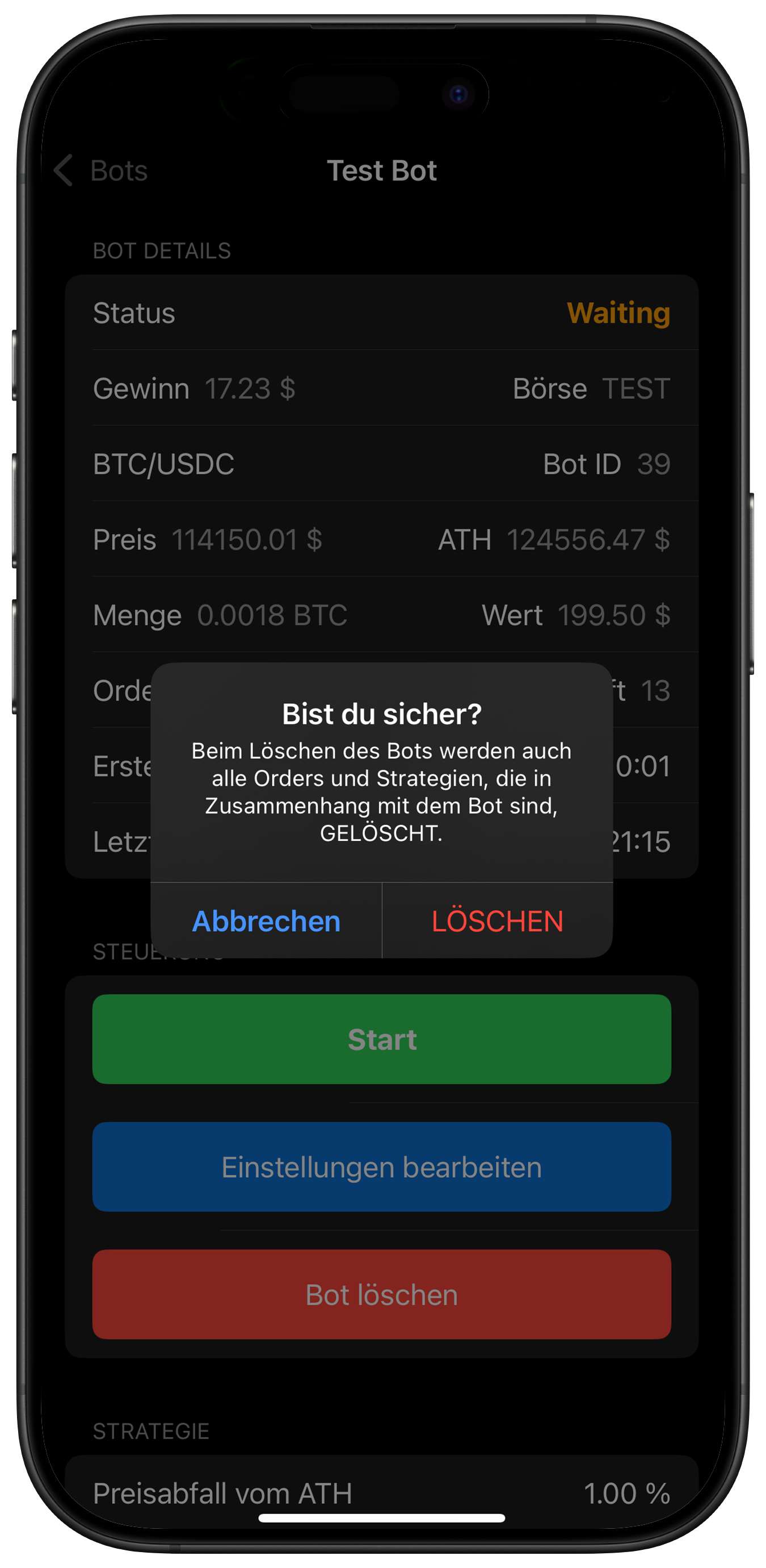 Screenshot: Bestätigung zum Löschen eines Bots