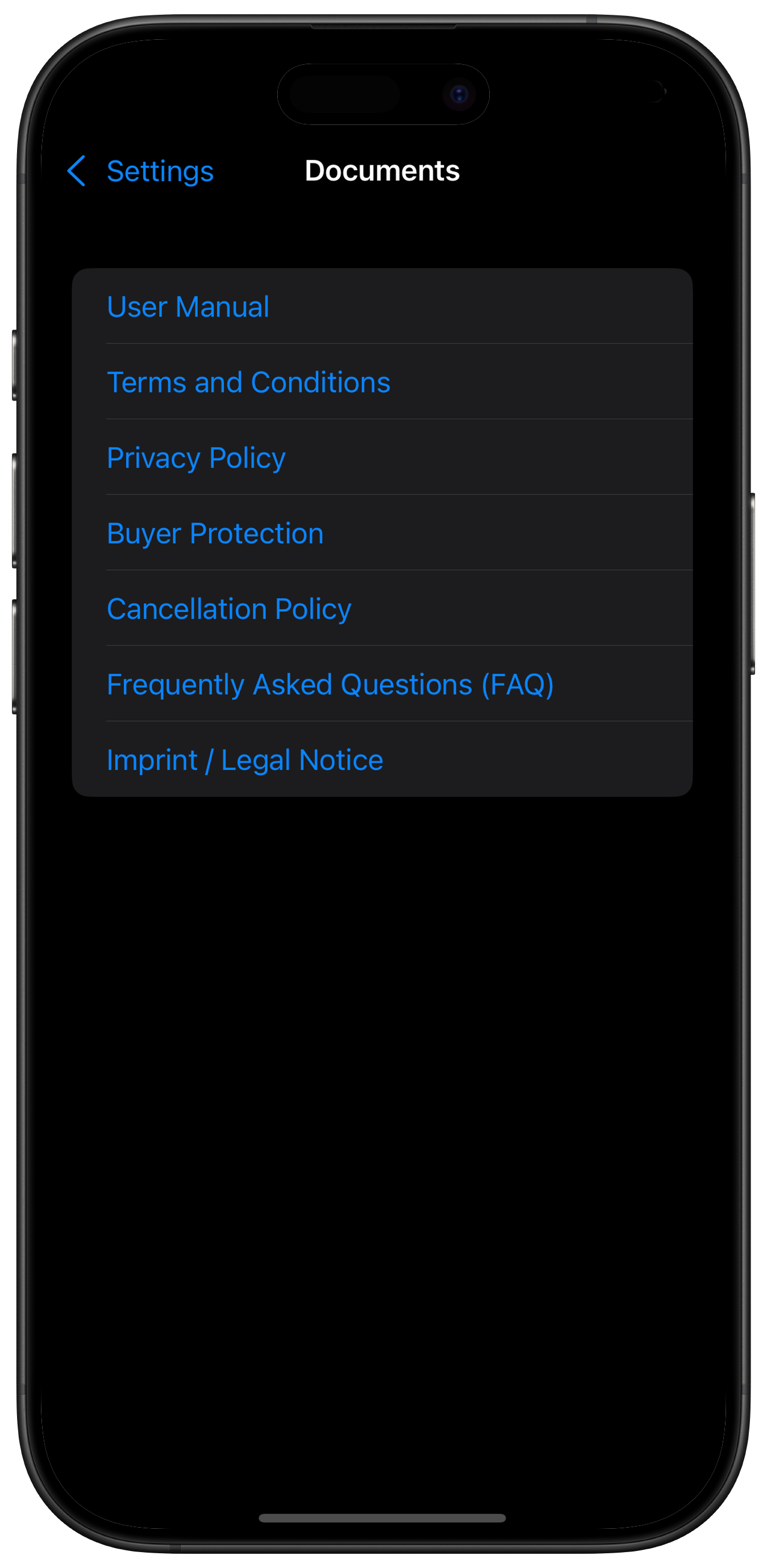 Screenshot: List of Legal Links