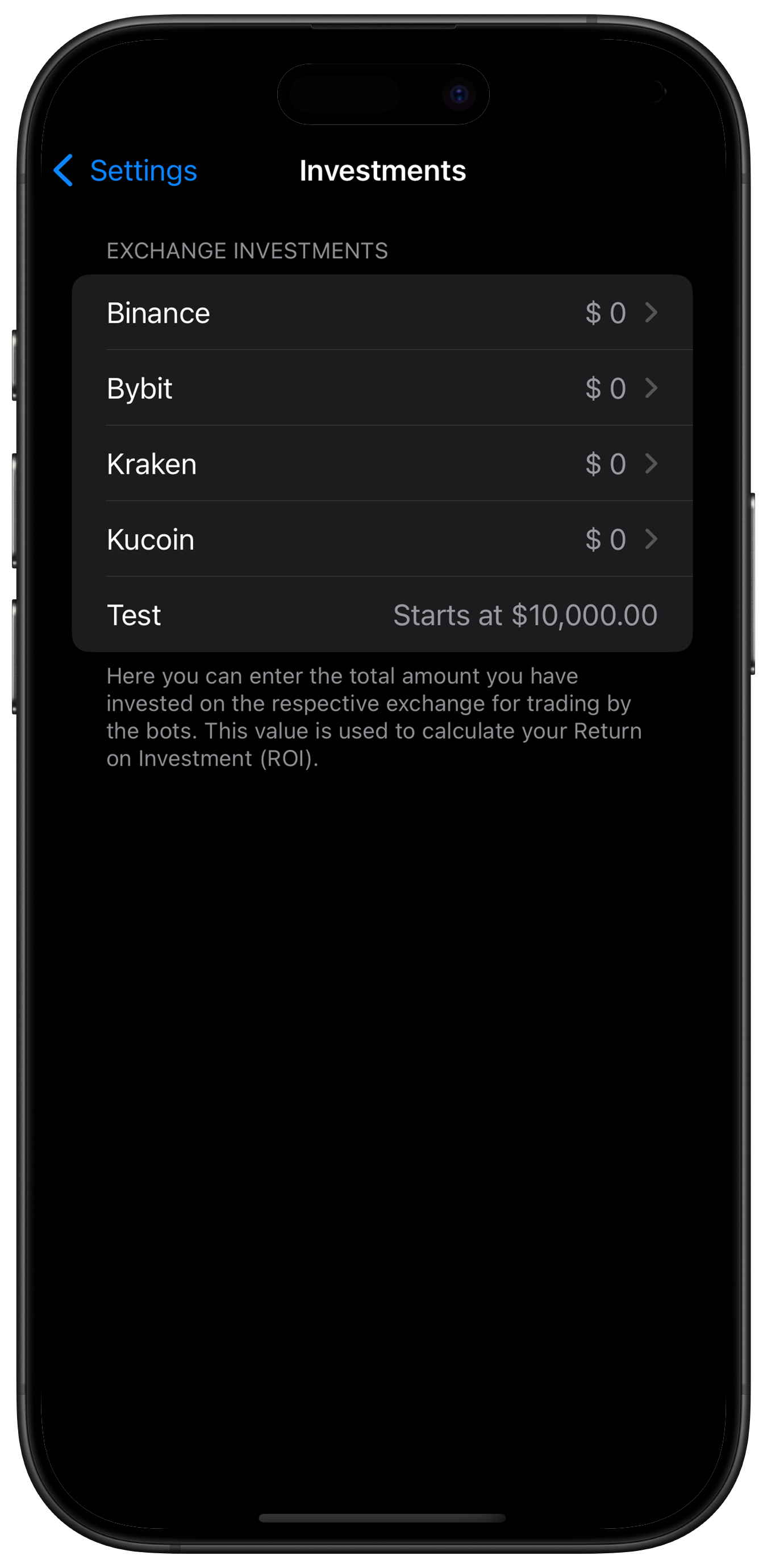 Screenshot: Investment List